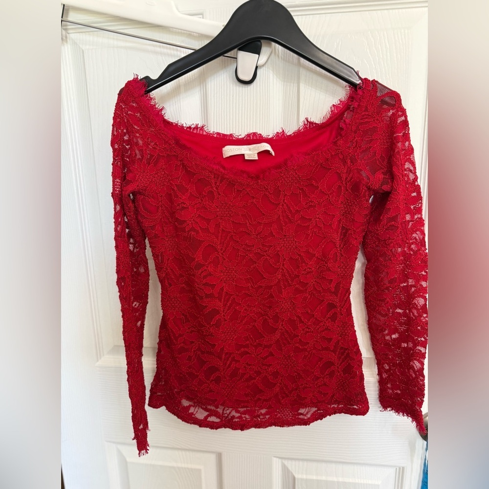 Boston Proper Red Lace Top Sheer Long Sleeve Romantic Coquette XS boatneck